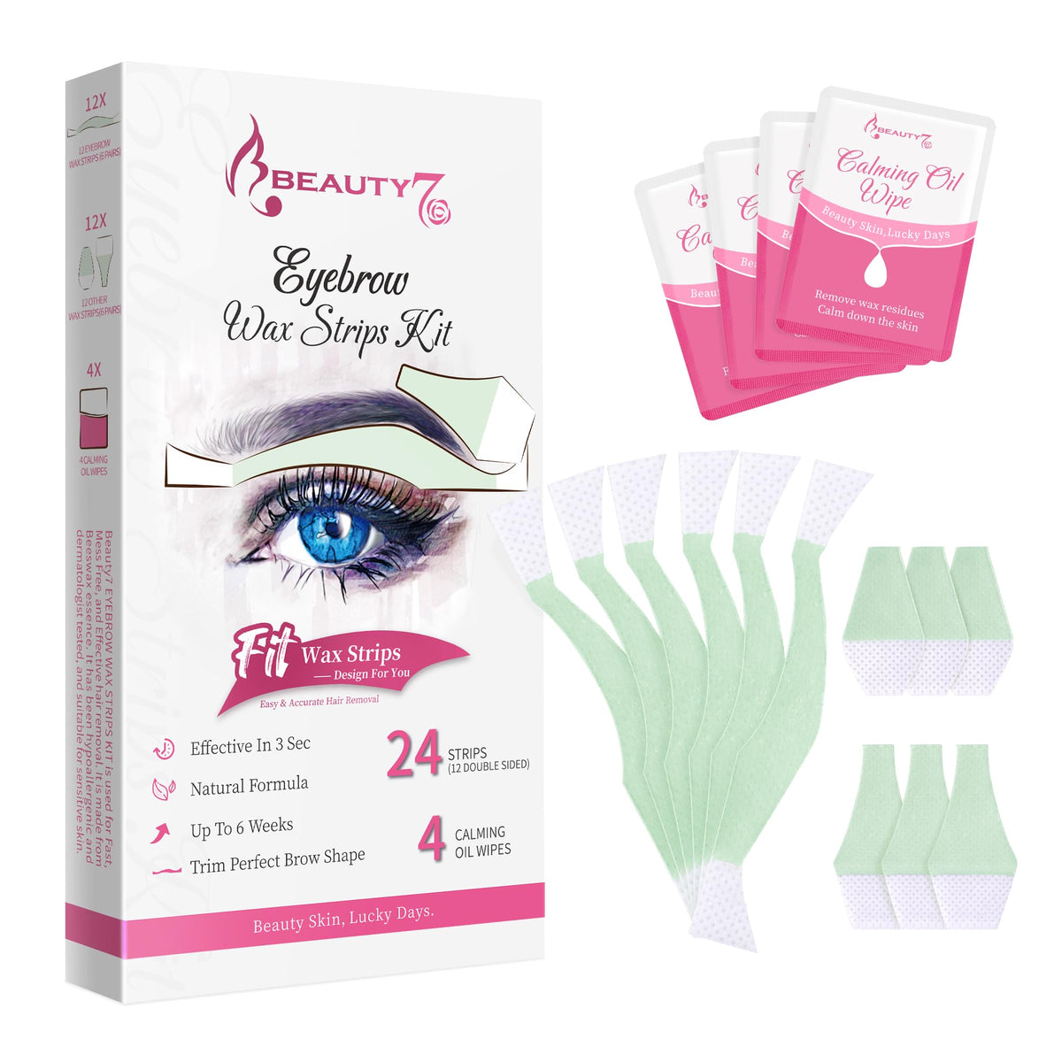 Beauty7 front packaging showing strips and wipes, convenient at-home hair removal