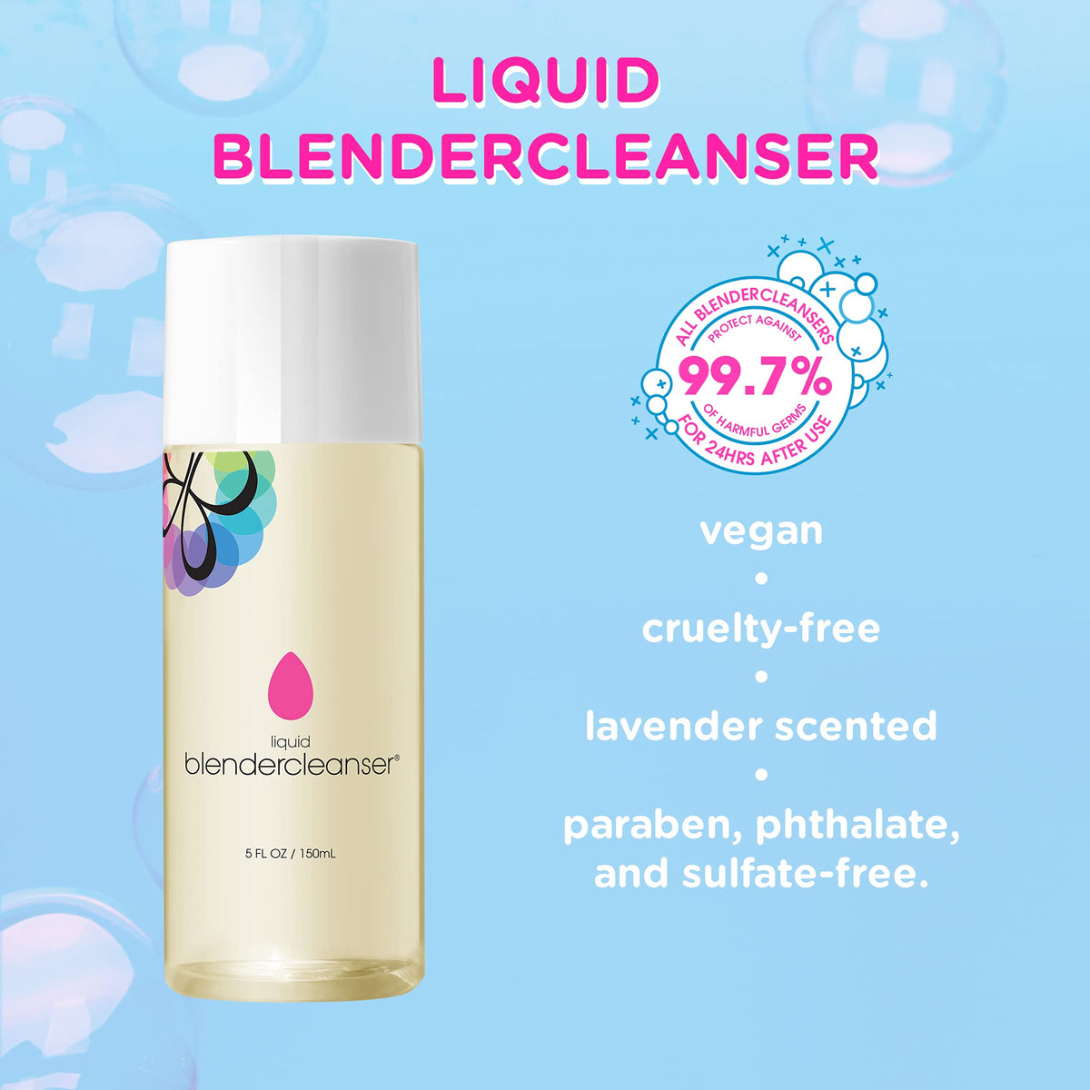 beautyblender close-up of bottle label highlighting lavender scent benefit