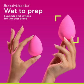 beautyblender in-use applying foundation to cheek, sponge gives streak-free, natural finish