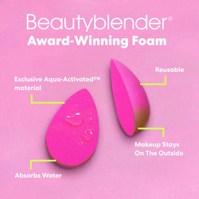 beautyblender in use blending foundation on cheek for streak-free, buildable coverage