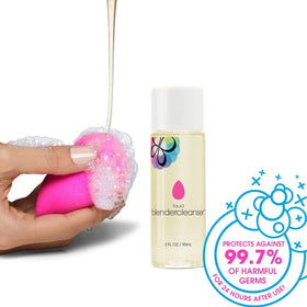 beautyblender bottle beside travel bag showing compact 3 oz convenience