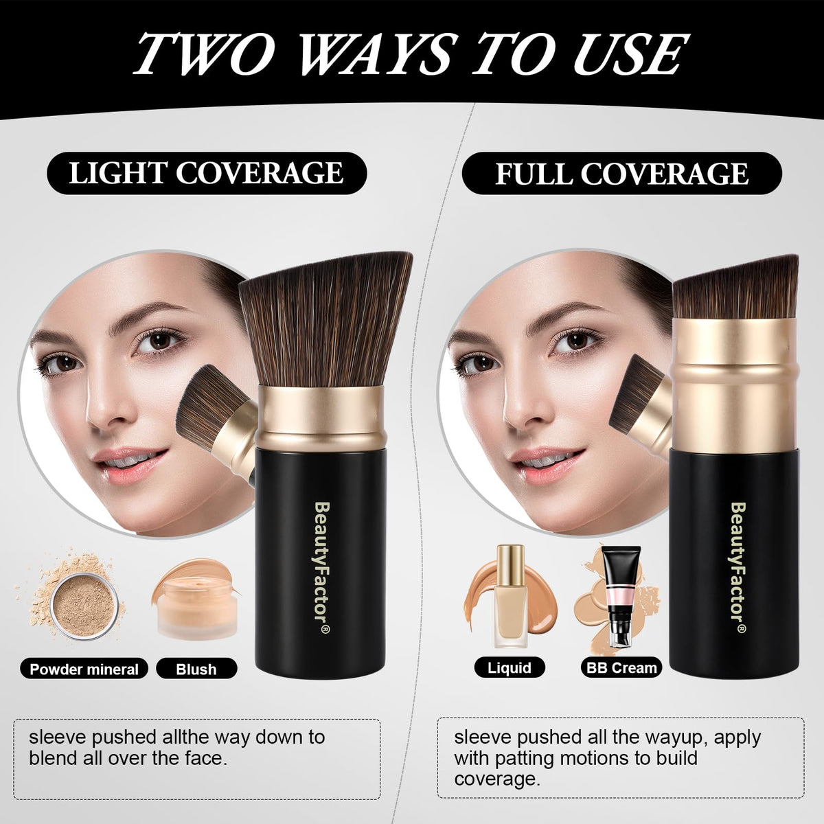 BEAUTYFACTOR brush deployed in hand demonstrating easy one-hand operation