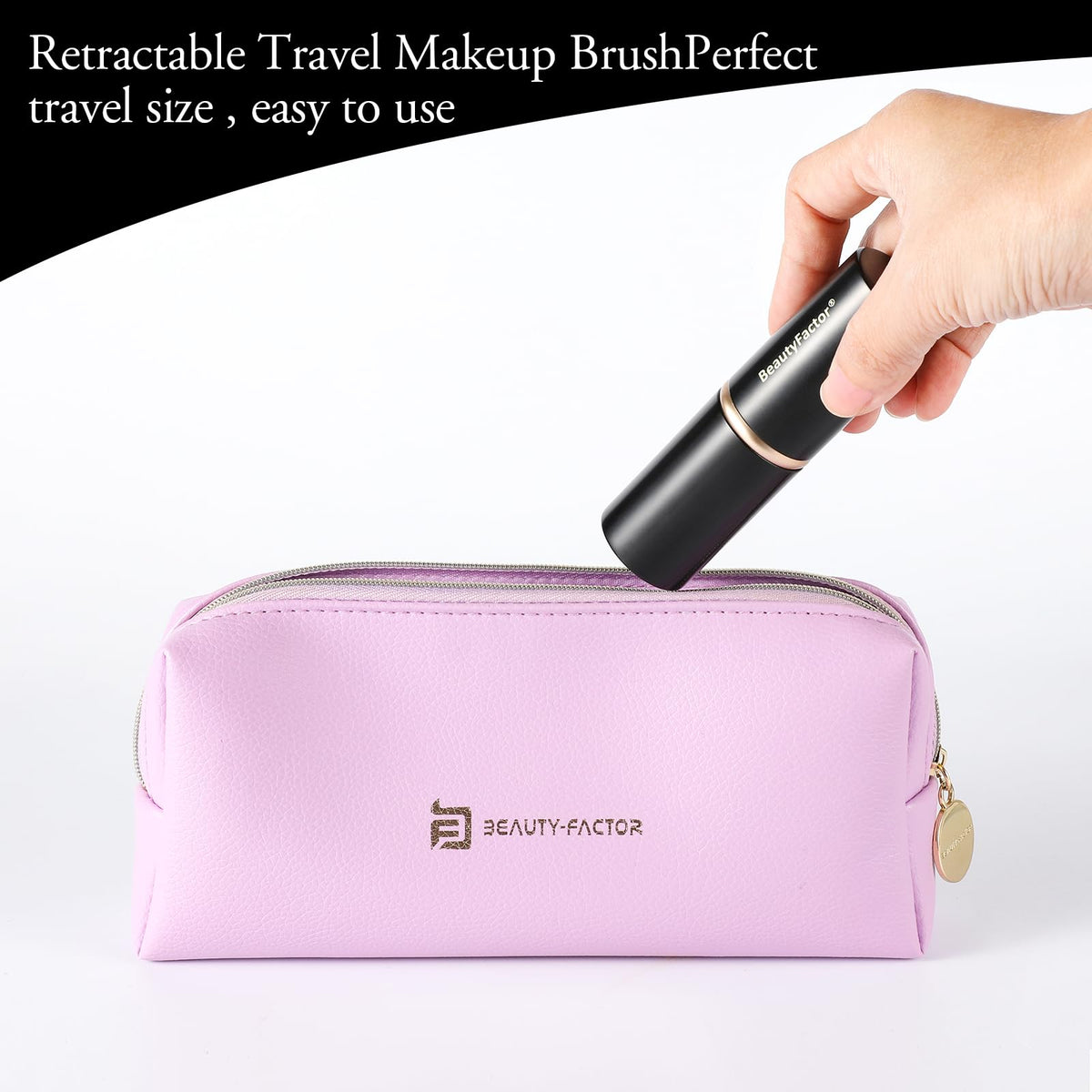 BEAUTYFACTOR compact brush inside travel pouch for hygienic storage and portability