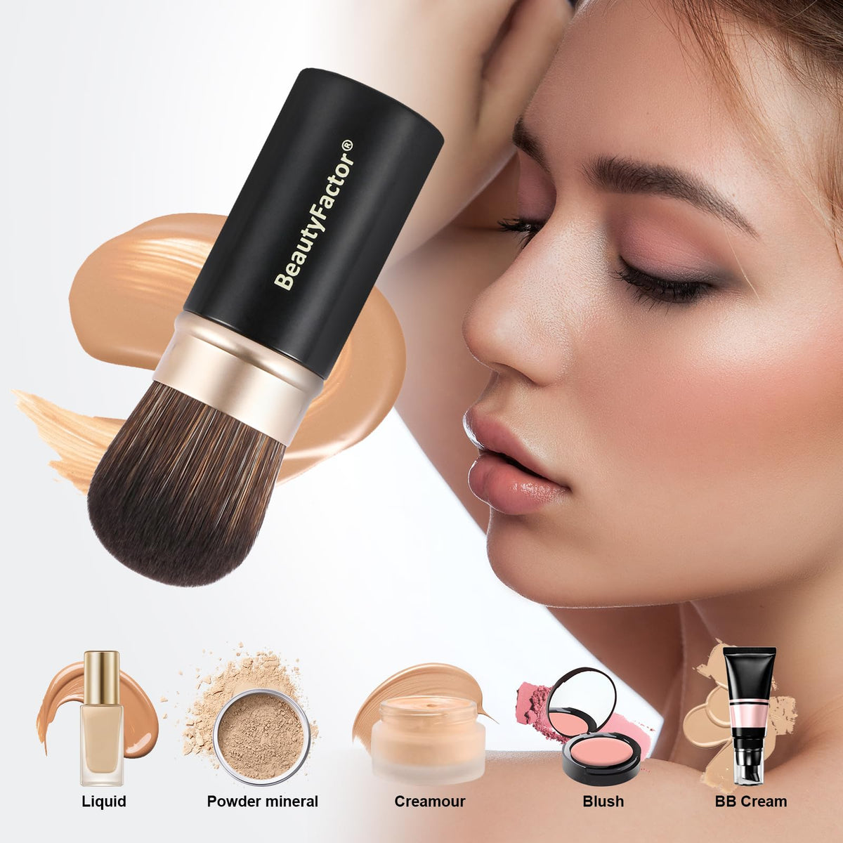 BEAUTYFACTOR fanned bristles picking up powder for diffused finish