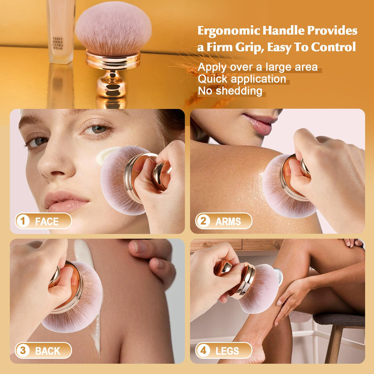 Angled shot of BEAUTYFACTOR brush reaching back area to show ergonomic handle benefit