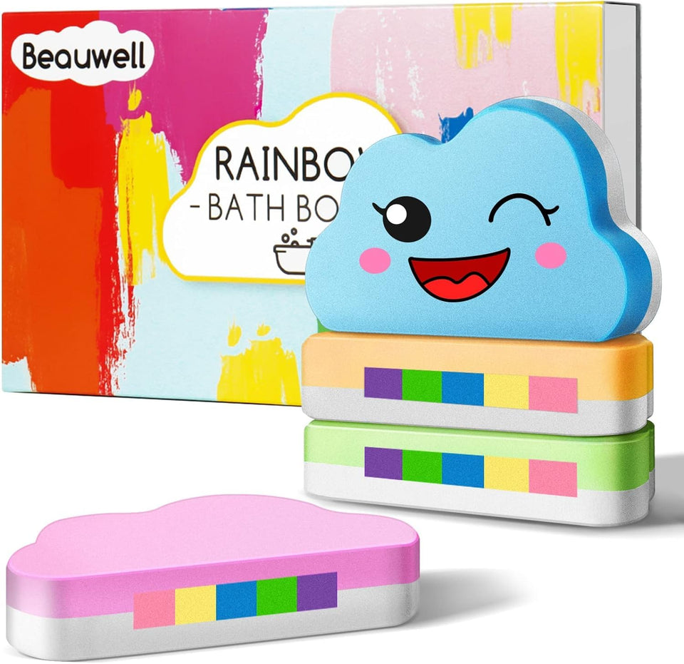 Beauwell front packaging showing four rainbow bath bombs and gift-ready box