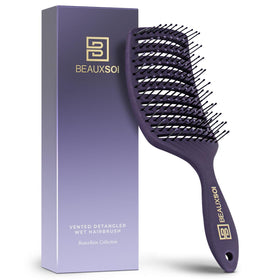 BEAUXSOI front view of vented detangling brush showing curved shape and benefits