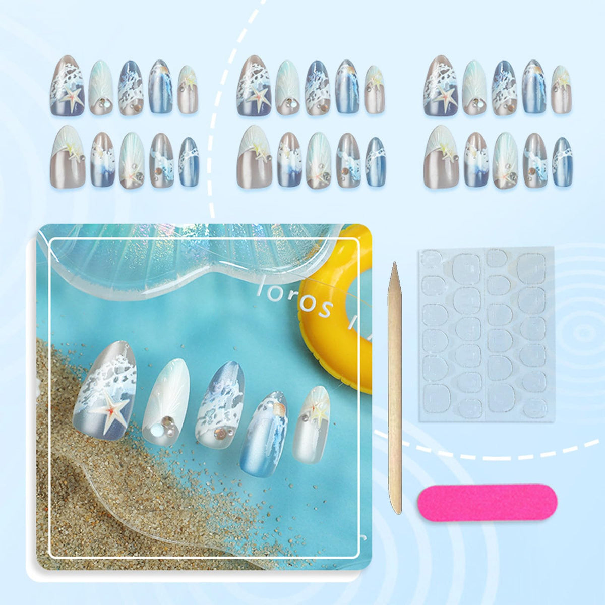 BEAWTH full kit laid out with 24 nails, 24 jelly tabs, file, and remover stick useful for at-home manicure