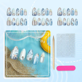 BEAWTH full kit laid out with 24 nails, 24 jelly tabs, file, and remover stick useful for at-home manicure