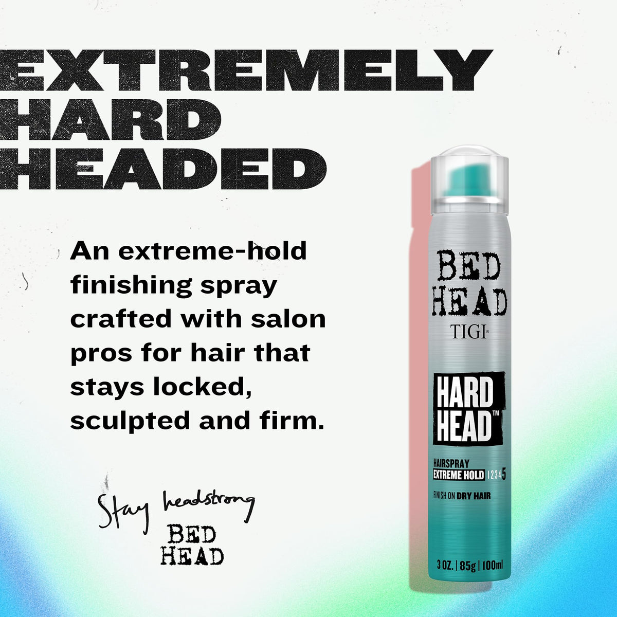 Bed Head Hard Head mist on hair showing instant-dry finish and natural shine benefit