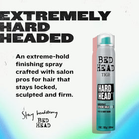 Bed Head Hard Head mist on hair showing instant-dry finish and natural shine benefit
