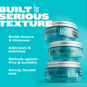 Bed Head hands applying putty to hair demonstrating easy distribution and grip