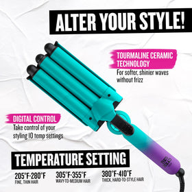 Bed Head Wave Affair in use on long hair creating continuous beach waves with speed