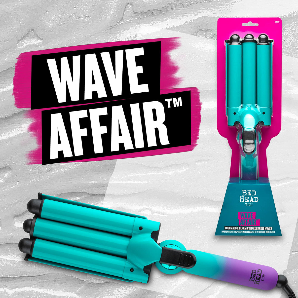 Bed Head Wave Affair next to ruler for scale showing jumbo barrel size and coverage