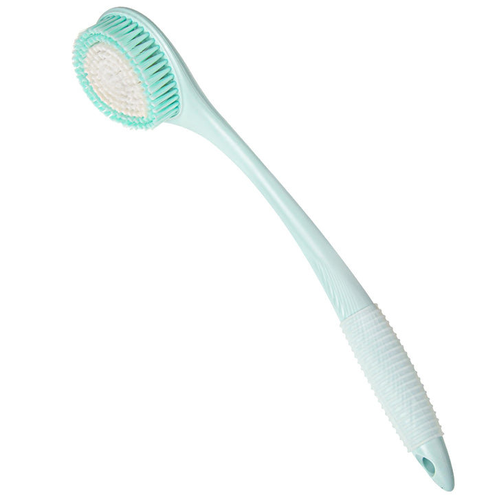 BEDELITE front view of blue back scrubber showing full length and shape, easy reach benefit