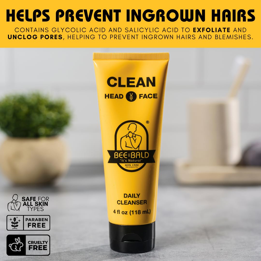 Bee Bald bottle beside a hand showing compact 4 fl oz size