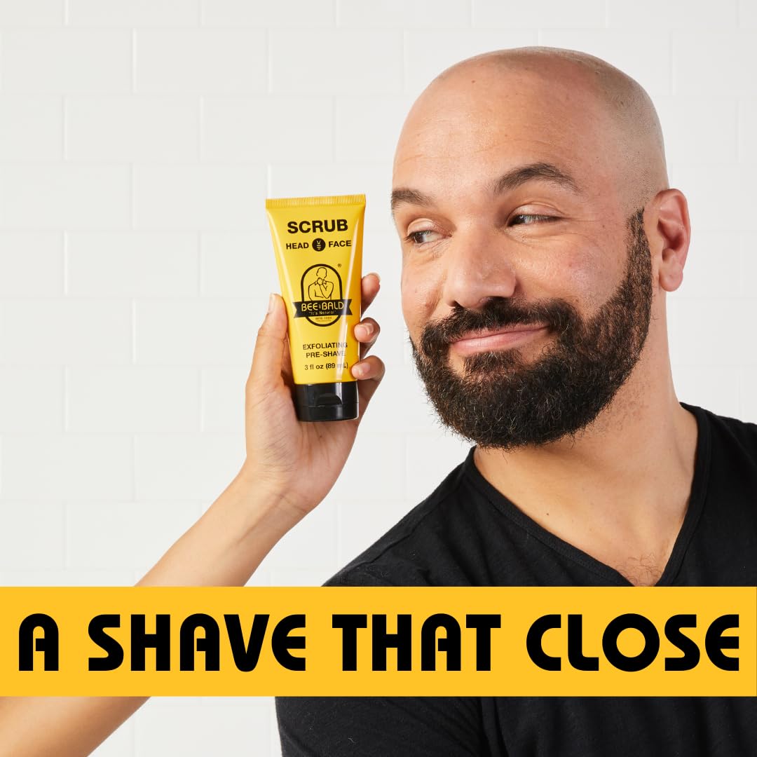 Bee Bald scrub gently lathered on scalp showing improved prep for a smoother shave