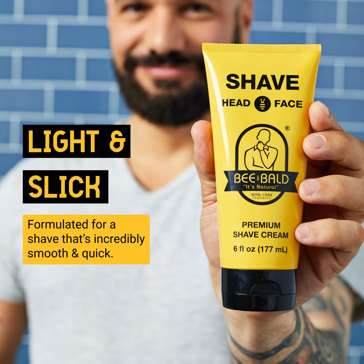 Bee Bald tube close-up label highlighting product name and clear benefit