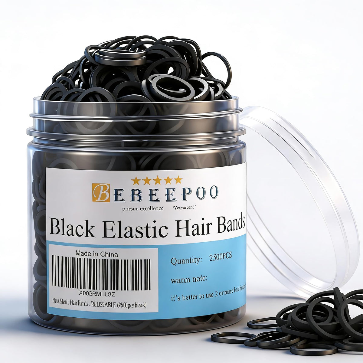 BEBEEPOO front packaging showing 2500 mini black bands, convenient supply