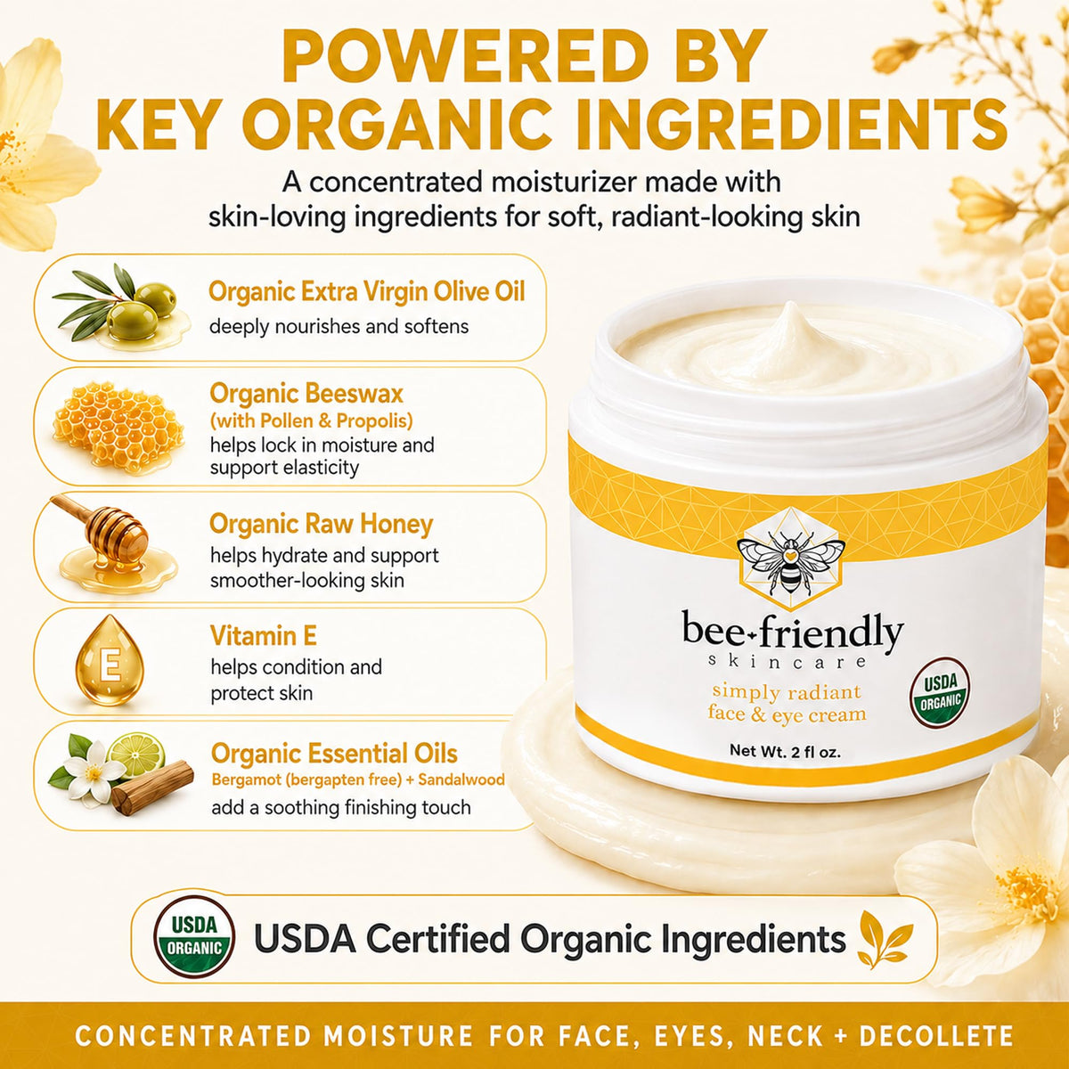 BeeFriendly applying cream to eye area for gentle hydration and smoothing