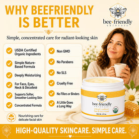 BeeFriendly applying to neck and décolletage to hydrate and improve texture