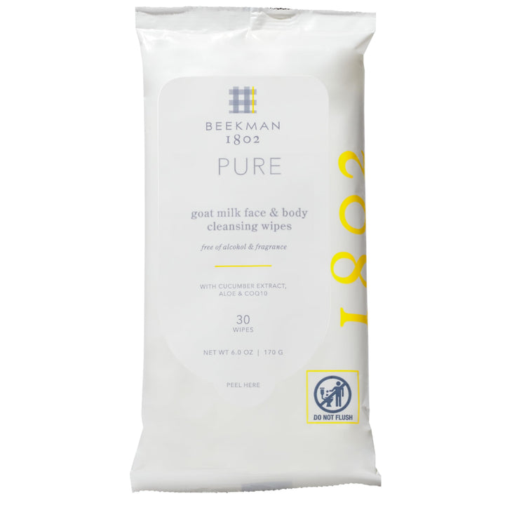 Beekman 1802 front packaging showing compact, travel-friendly wipes