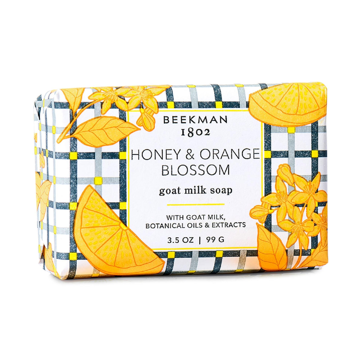 Beekman 1802 front view of Honey & Orange Blossom bar showing clean packaging and benefit of gentle cleansing