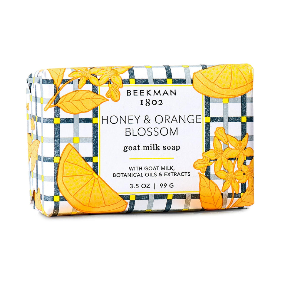Beekman 1802 front view of Honey & Orange Blossom bar showing clean packaging and benefit of gentle cleansing