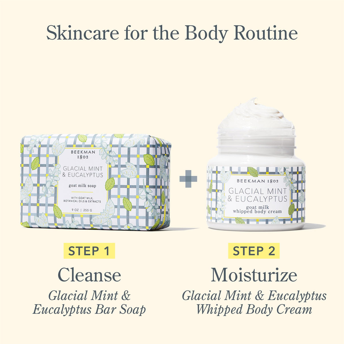 Beekman 1802 styled on bathroom shelf conveying spa-like mint eucalyptus mood