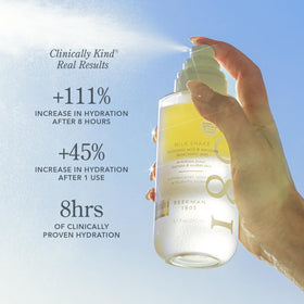 Beekman 1802 mist being sprayed on face to refresh and set makeup
