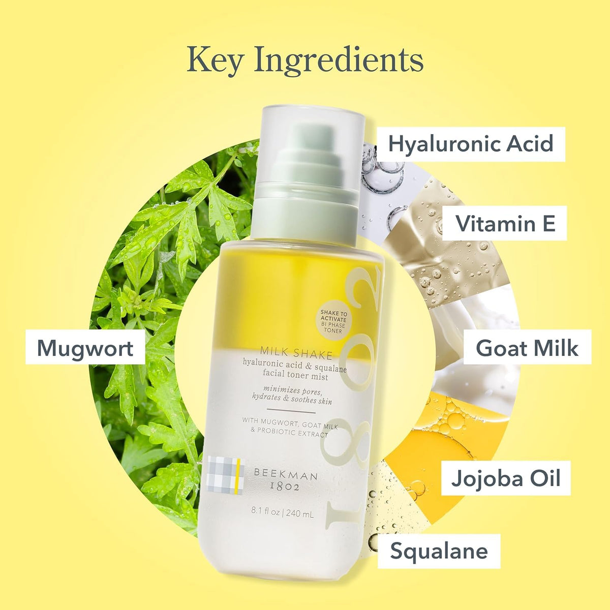 Beekman 1802 face mist being sprayed on skin showing instant refresh benefit