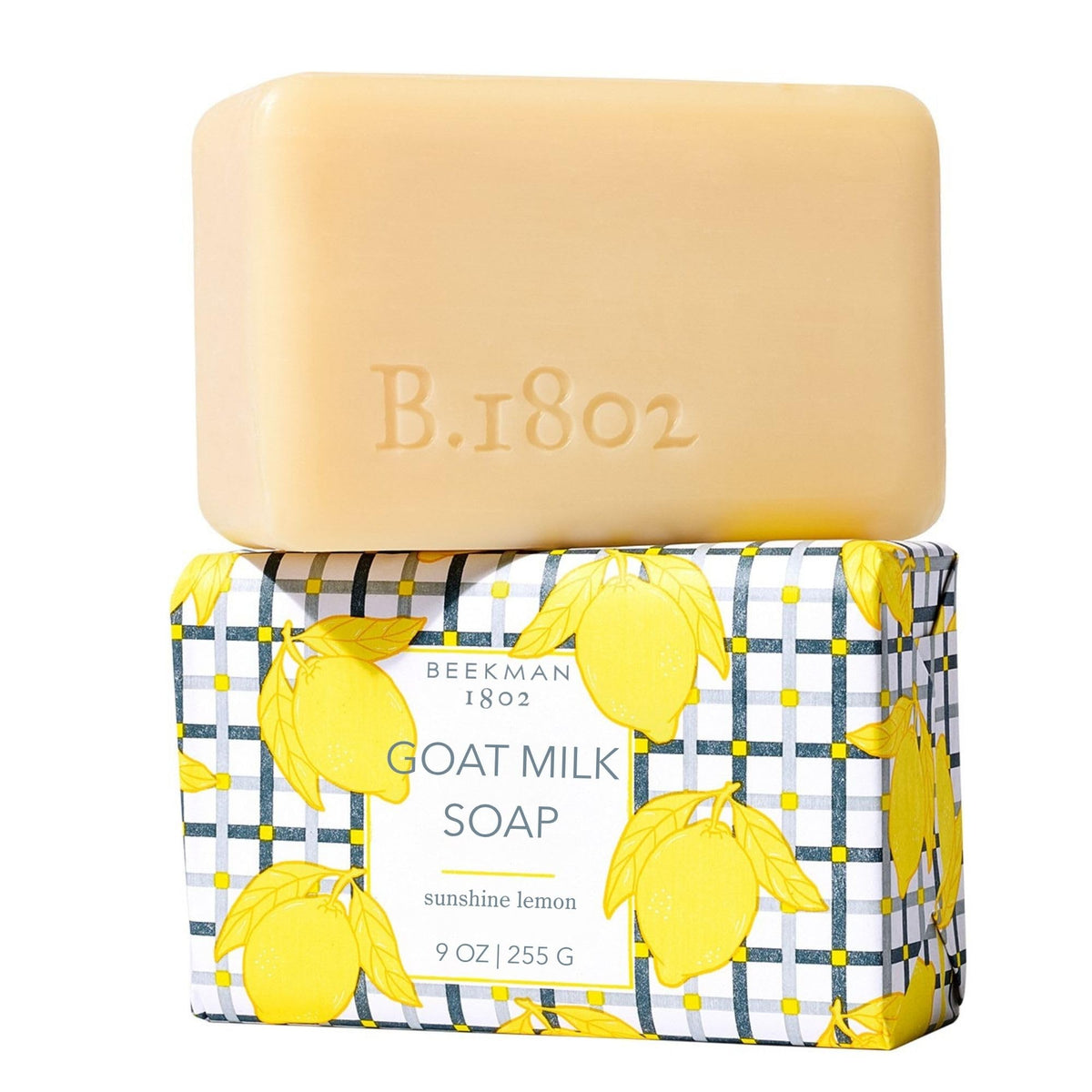 Beekman 1802 front packaging showing Sunshine Lemon soap, clear benefit: recognizable brand and scent