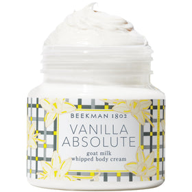 Beekman 1802 jar front view showing Vanilla Absolute and moisturizing benefits