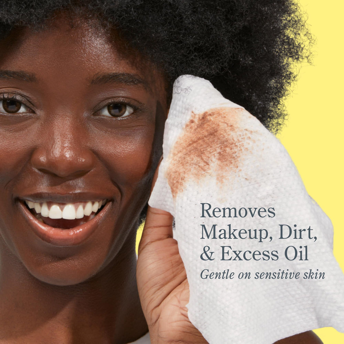 Beekman 1802 wipe removing makeup, leaving skin visibly clean