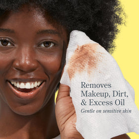 Beekman 1802 wipe removing makeup, leaving skin visibly clean