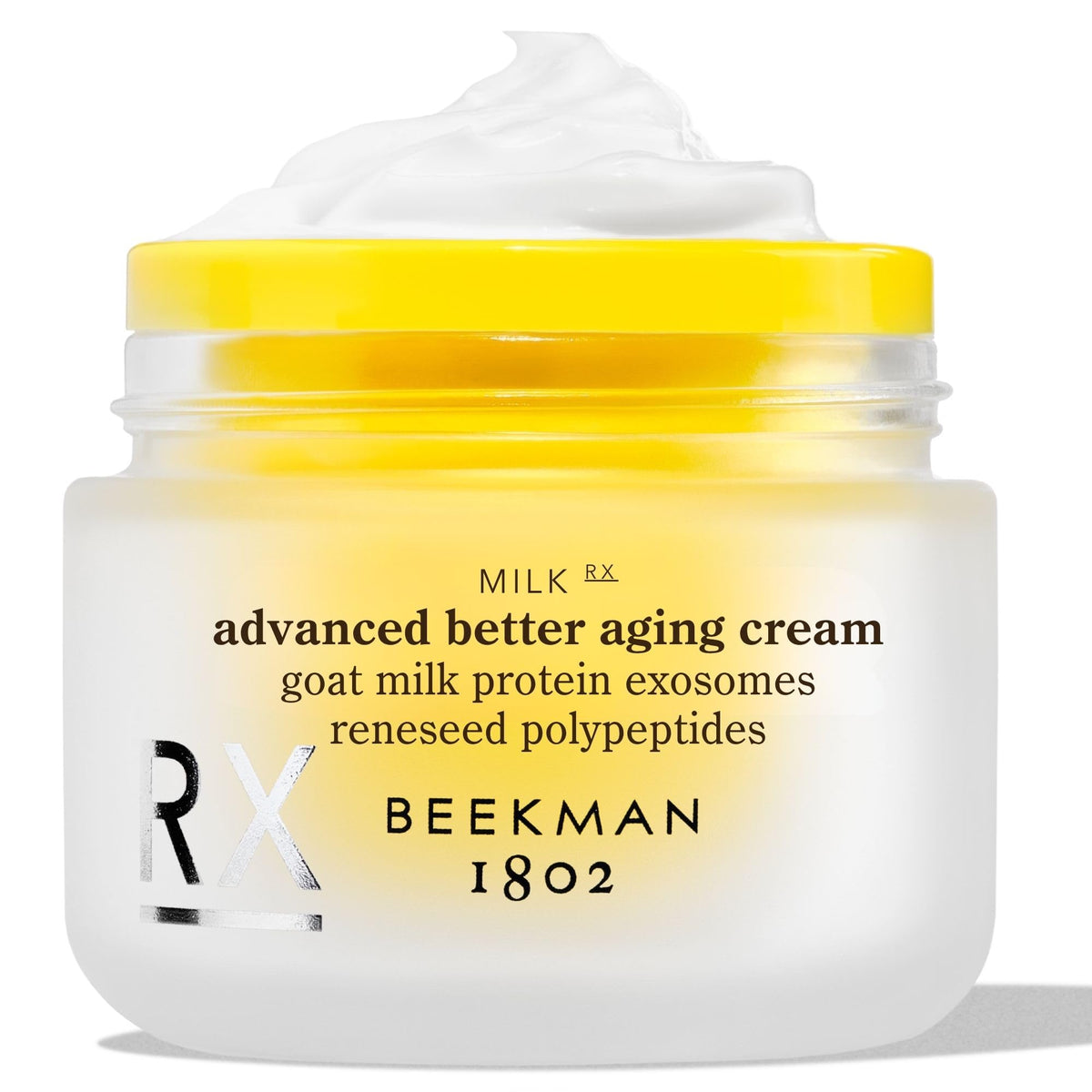 Beekman 1802 jar front view showing product and brand, promotes firming benefits
