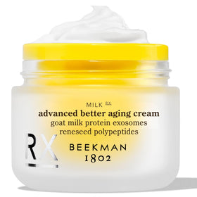 Beekman 1802 jar front view showing product and brand, promotes firming benefits