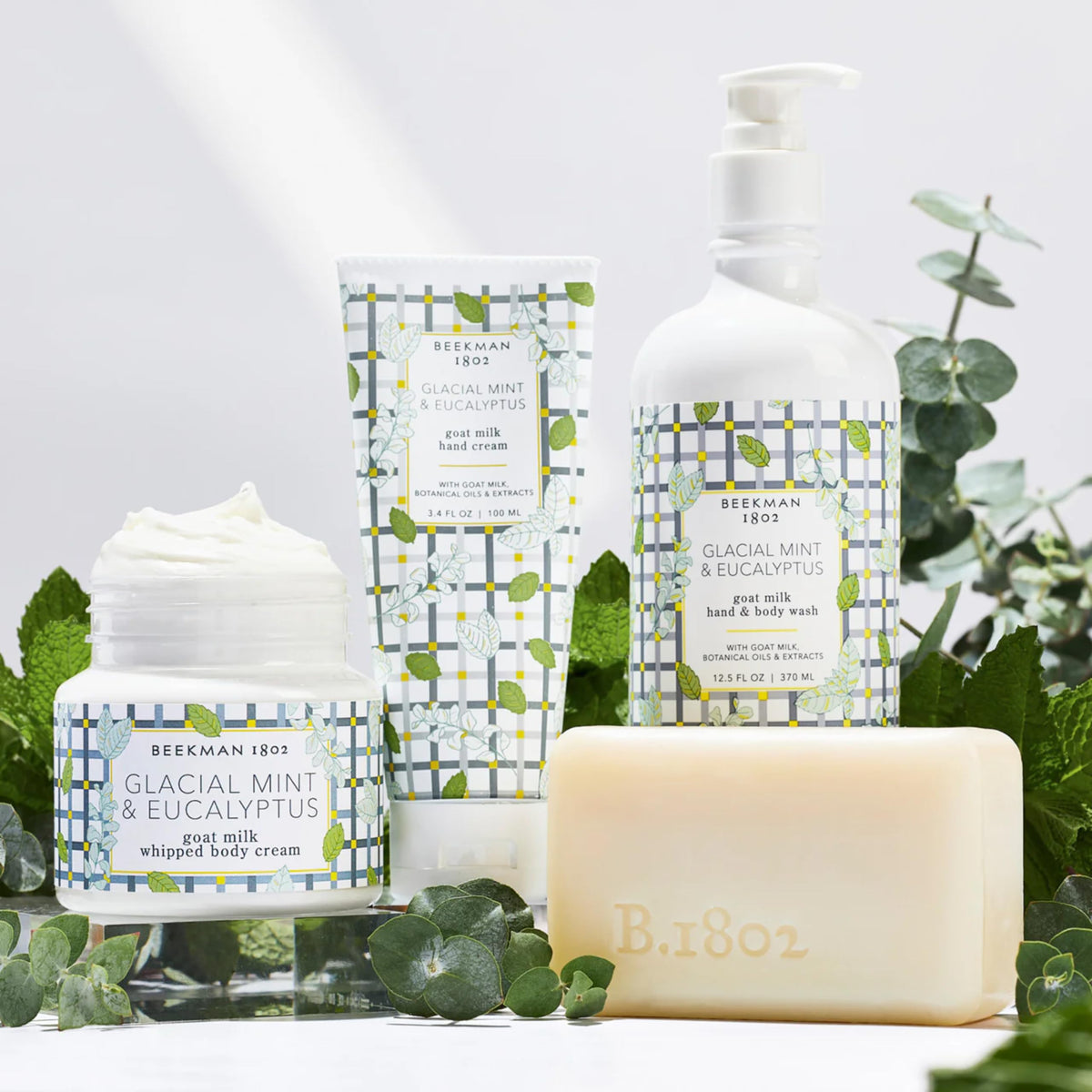 Beekman 1802 label detail with glacial mint eucalyptus scent cue and spa benefit