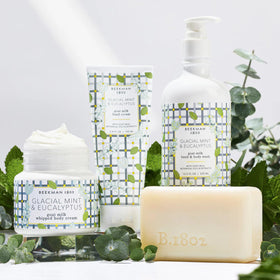 Beekman 1802 label detail with glacial mint eucalyptus scent cue and spa benefit