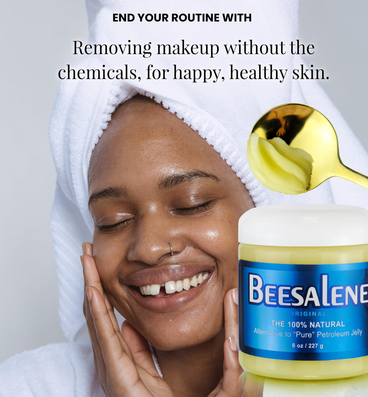 Beesaluxe Beesalene dabbed on hair ends showing frizz control and shine benefit