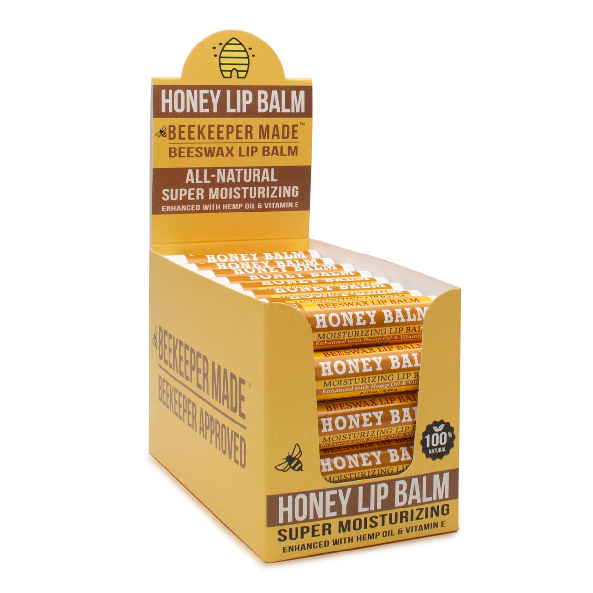 Beessential front packaging showing 40-count honey lip balm pack and value