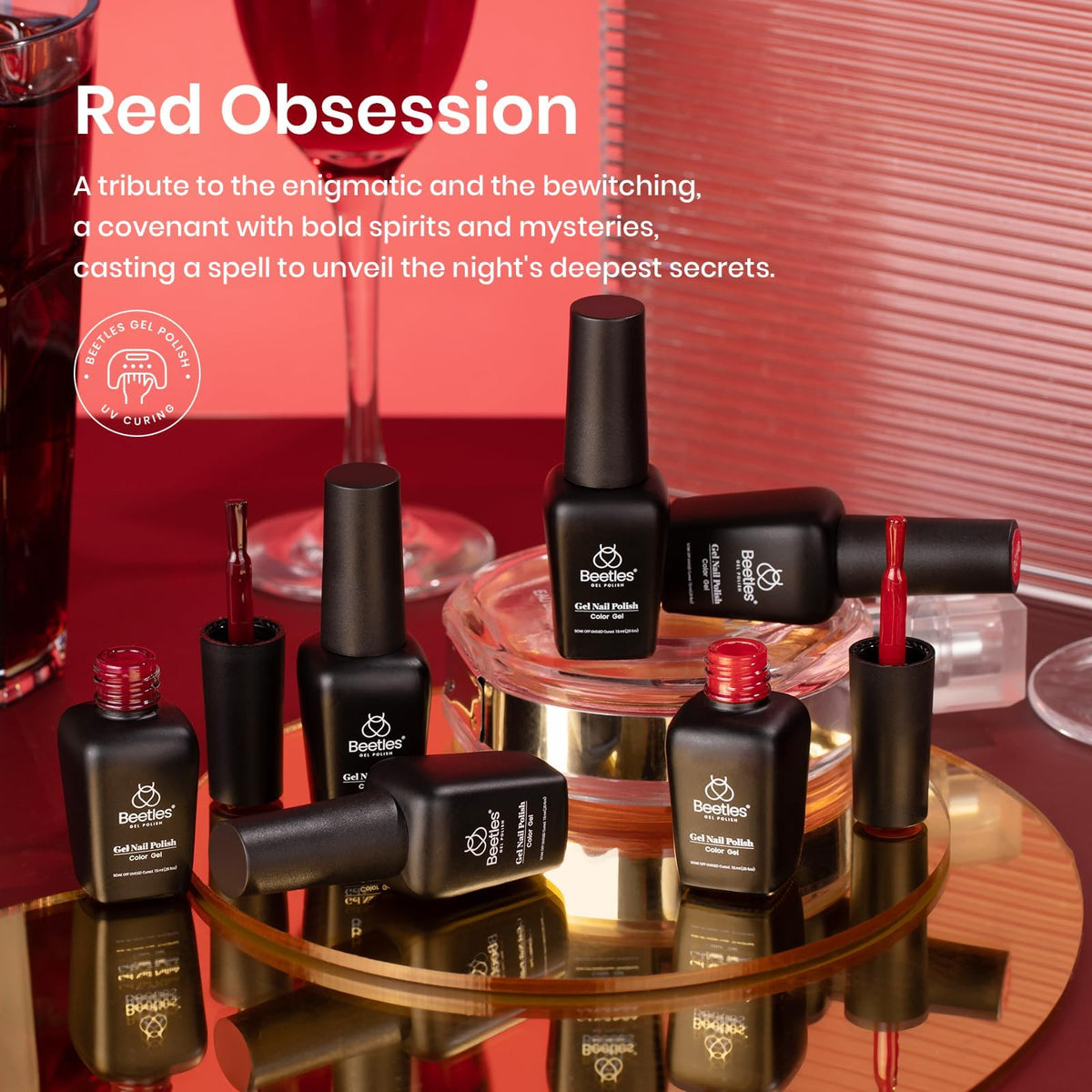 Beetles six bottles arranged in gradient illustrating coordinated red tones