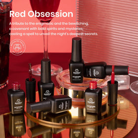 Beetles six bottles arranged in gradient illustrating coordinated red tones