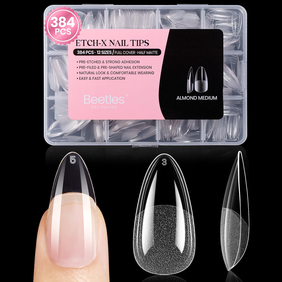 Beetles almond medium front packaging showing complete 384-piece set for convenience