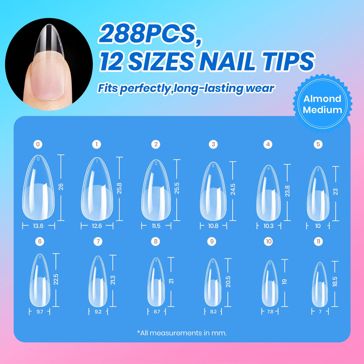 beetles almond nail tips spread showcasing available lengths for easy extensions