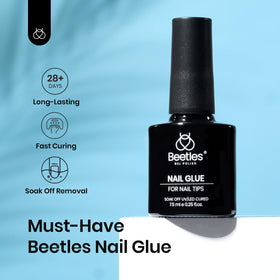 beetles applying gel to a clear nail tip, strong bond for longer wear
