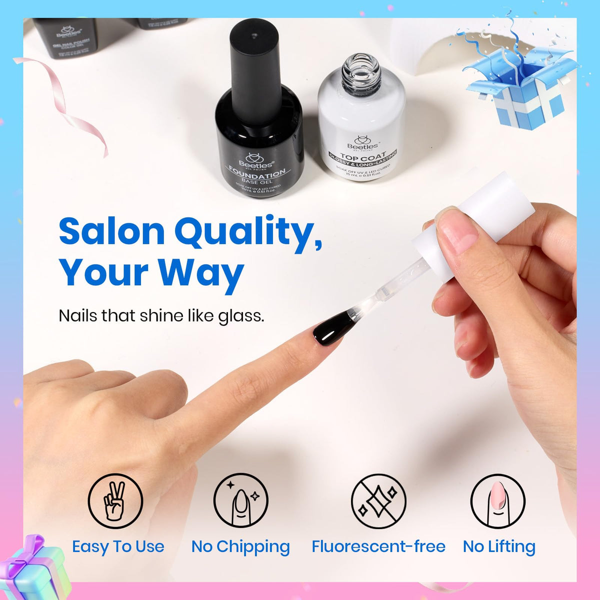 Beetles base and top coat applied on a nail tip showing long-lasting glossy benefit