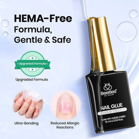 beetles applying gel to press-on nail for secure adhesion