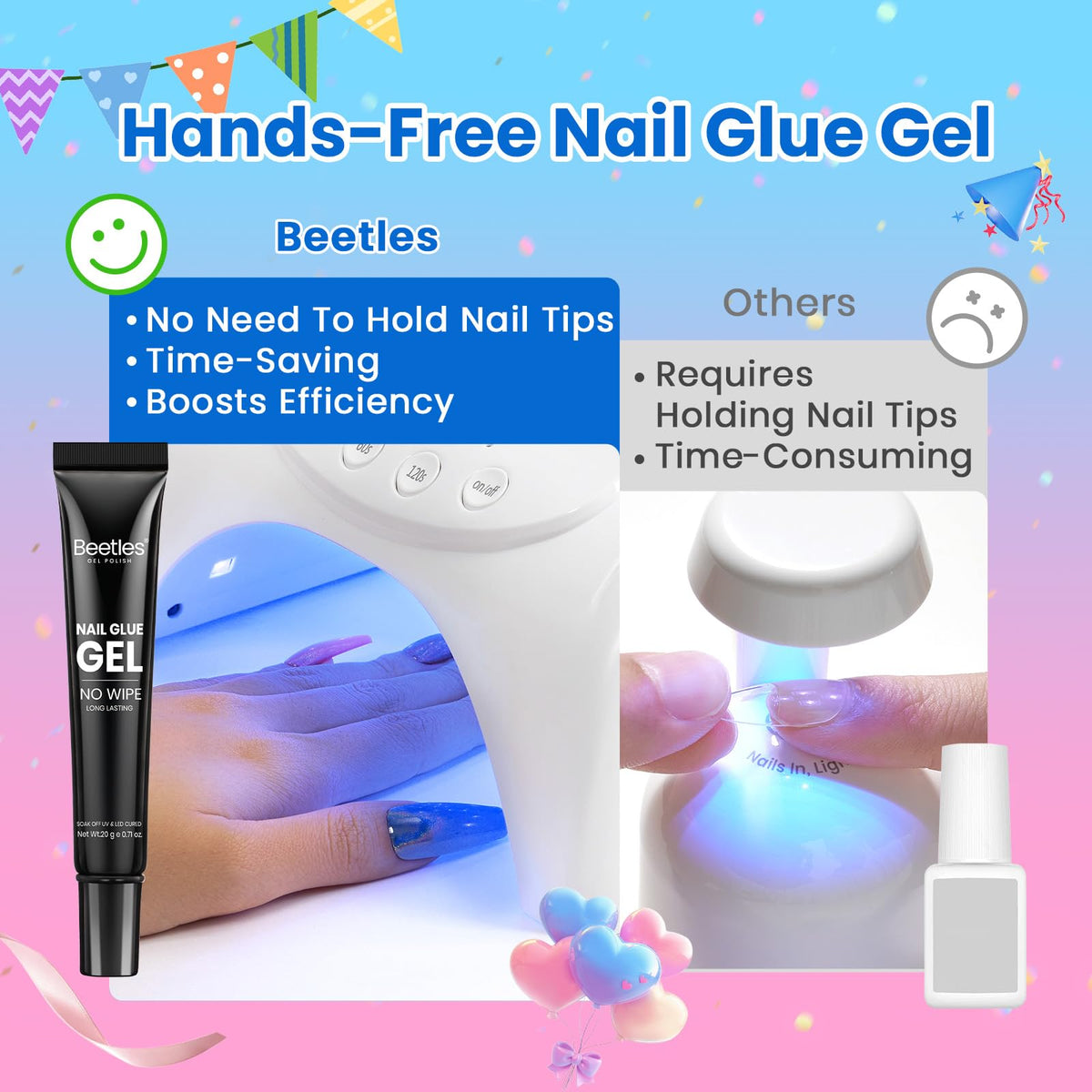 beetles applying gel with brush onto press-on nail for precise controlled placement benefit