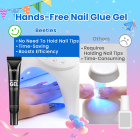 beetles applying gel with brush onto press-on nail for precise controlled placement benefit